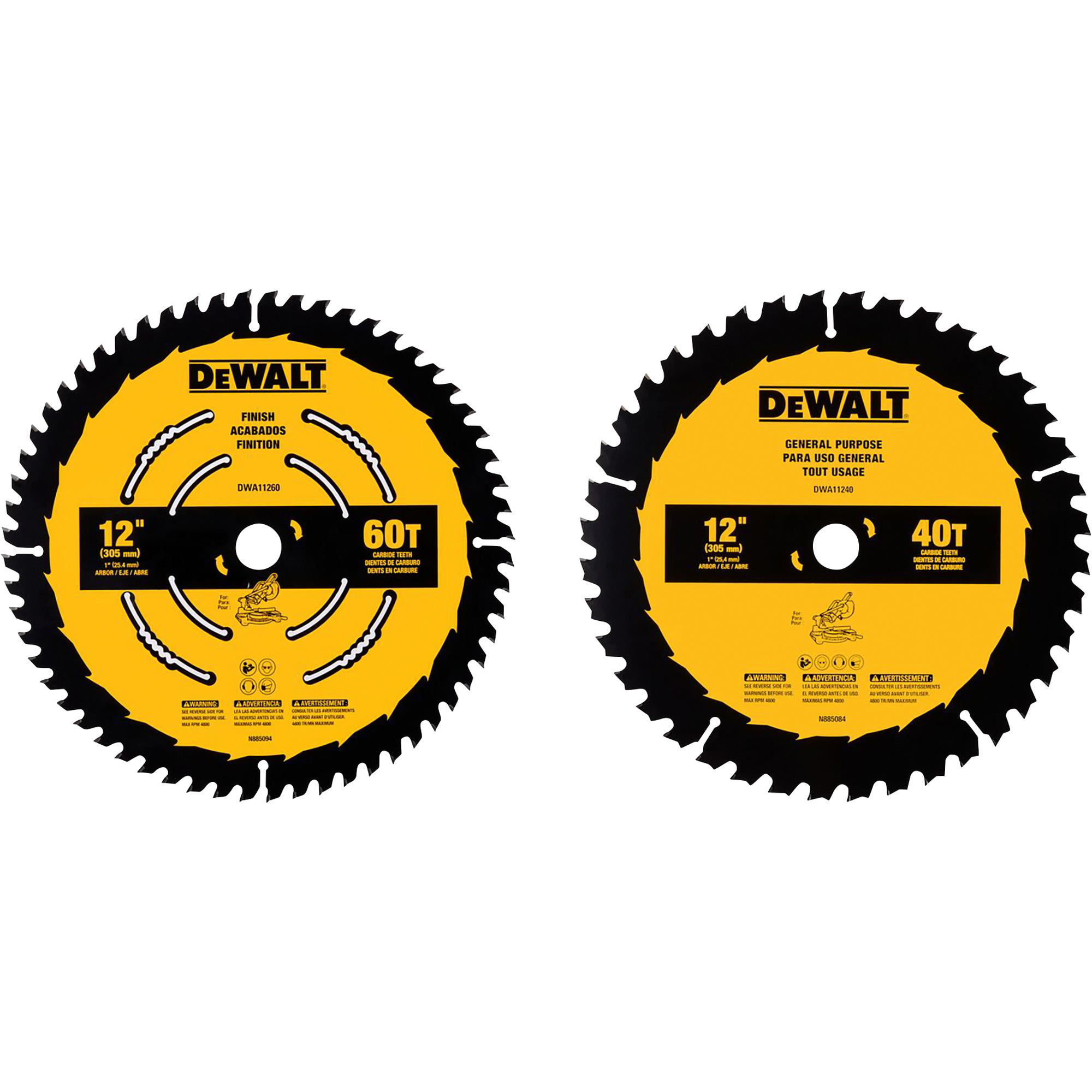 DEWALT 12in. 40T and 12in. 60T Miter Saw Blade Set — 2Pc., Model